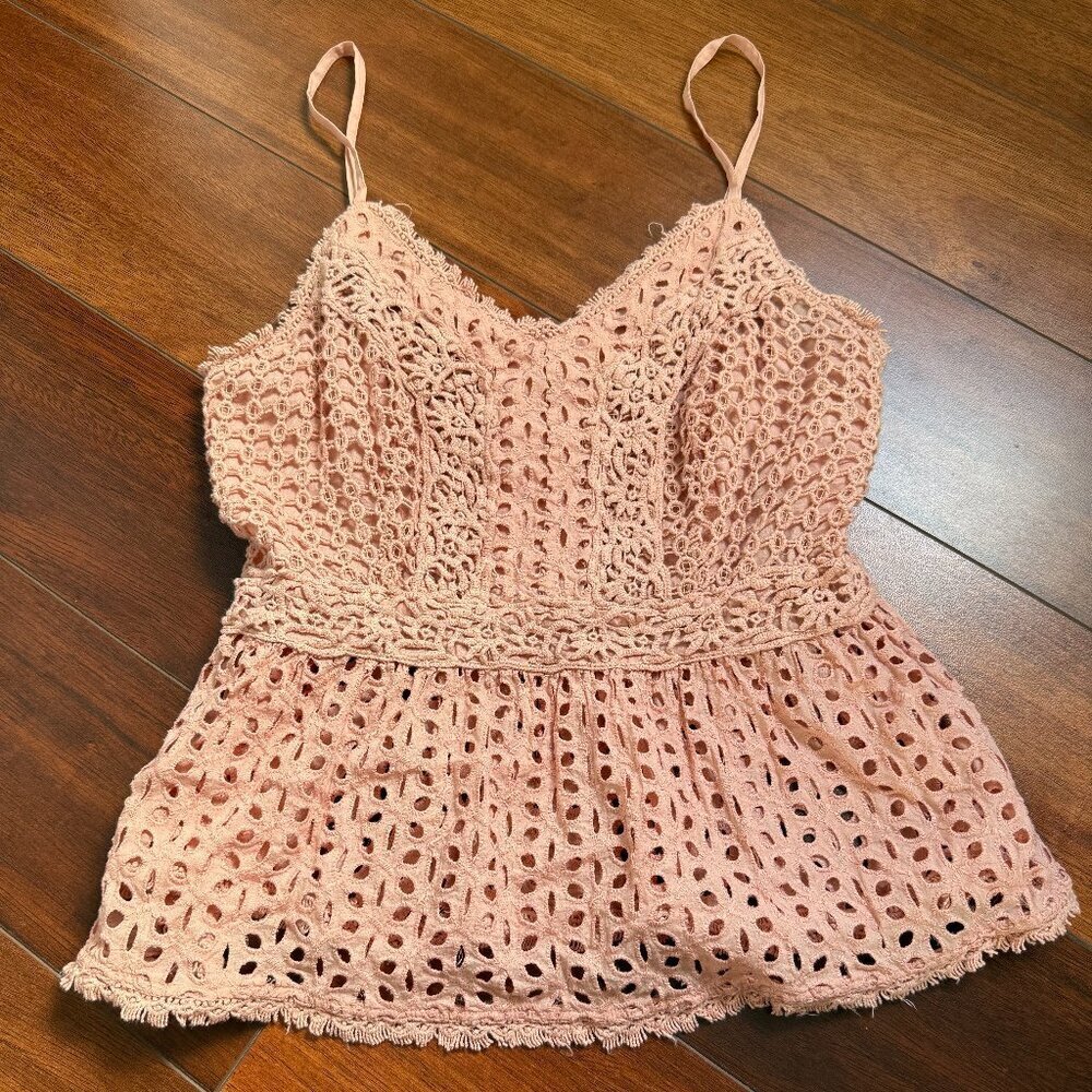 Japna Baby Doll Cami SZ L eyelet smocked womens blouse 100% cotton - Picture 2 of 6